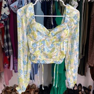 Floral Long Sleeve Adjustable Ruched Crop Top | Size : S